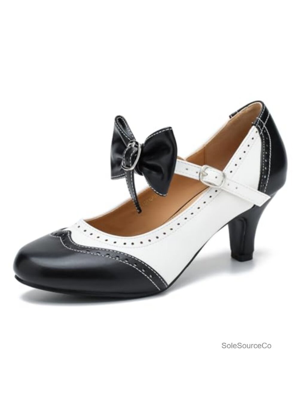 Mary Jane Heels Two Tone Bow Pumps Round Toe Kitten Heel PU Dress Shoes